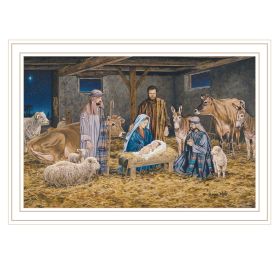 Trendy Decor 4U The Greatest Gift of All - The Birth of Christ White Framed Wall Art for Living Room, Nativity Wall Art Print for Home Decor