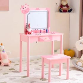 Pink MDF + Solid Wood Legs, Spray Paint + Silkscreen Printing, Cow Pattern, 1-drawer Children's Dressing Table Set, LED Three-color Backlit Touch Swit (Option: defaulttitle)