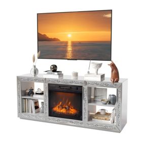 Silver Mirror Modern TV Stand With 18 Inch Fireplace Insert & Storage Shelves, Medium Density Fiberboard Fireplace TV Console For Living Room, 143 X 3 (Option: defaulttitle)
